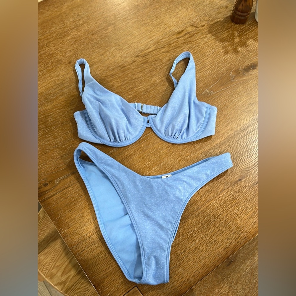 Abercrombie & Fitch Light Blue Sparkle Bikini high leg moderate bottoms